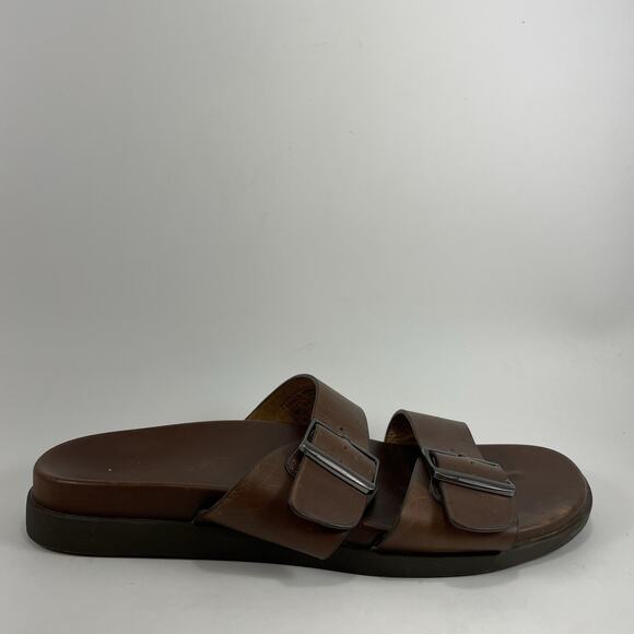 Vionic Charlie Slide Sandals Mens Size 8 Brown Leather Comfort Dual Strap - Picture 1 of 9